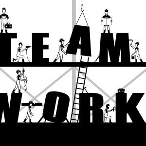 Teamwork poster with construction process and black builder people silhouettes vector illustration